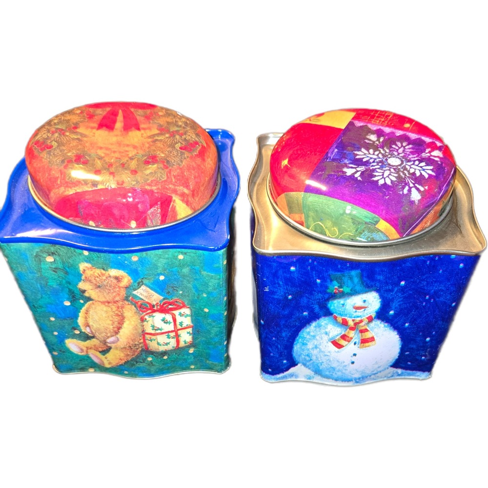 Vintage Christmas Holiday Tin Canisters Snowman Teddy Bear Set of 2 Blue Silver
